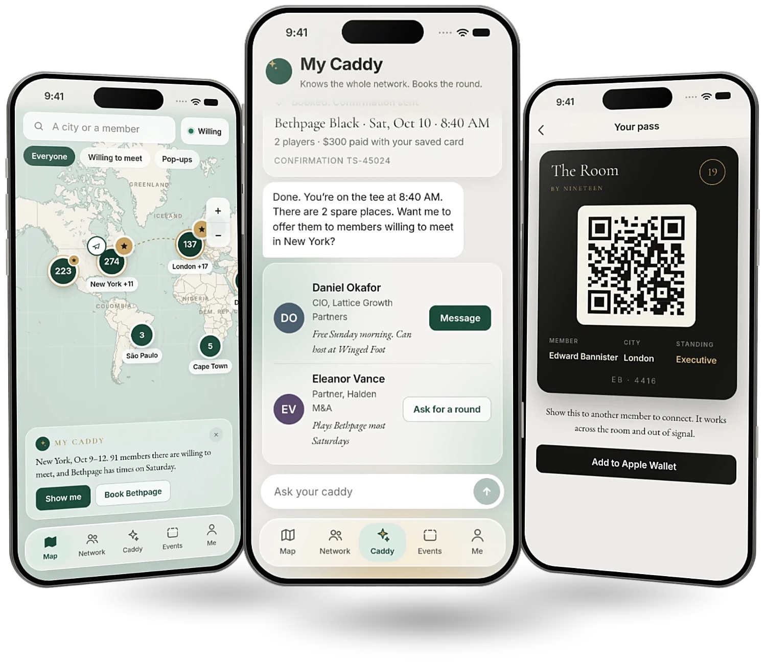 The Society app on three phones: the map, My Caddy and your member pass