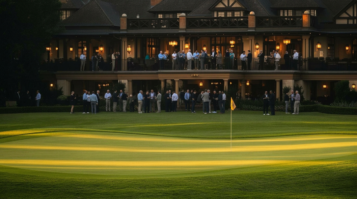 A wide view of the 18th green at golden hour with a crowd of members gathered outside the clubhouse drinking and networking after their round